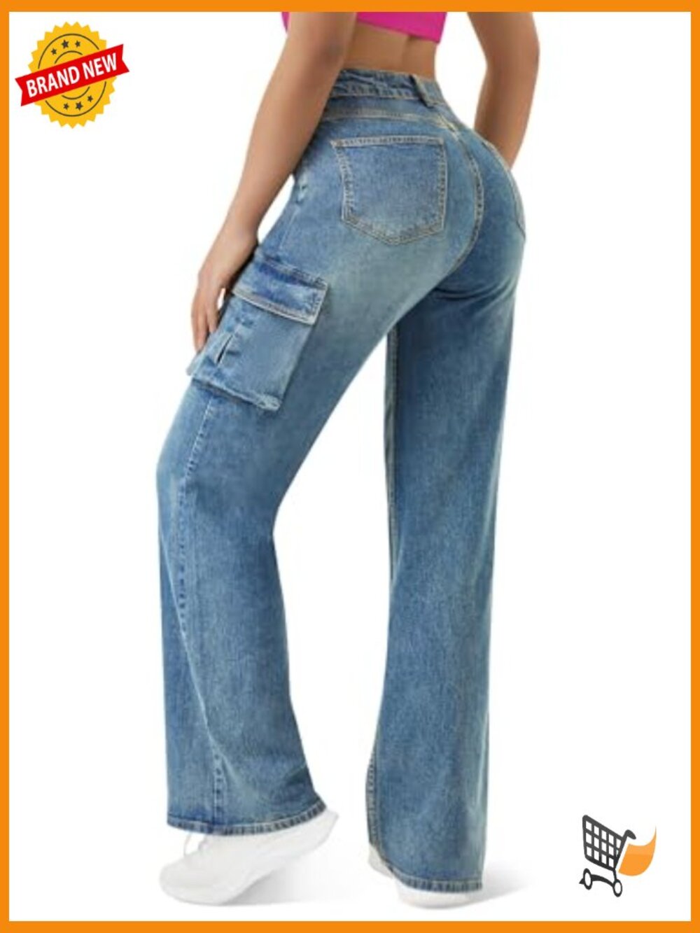 High Waist Baggy Cargo Jeans Y2K Wide Leg Denim Pants Flap Pocket Streetwear - Picture 2 of 7